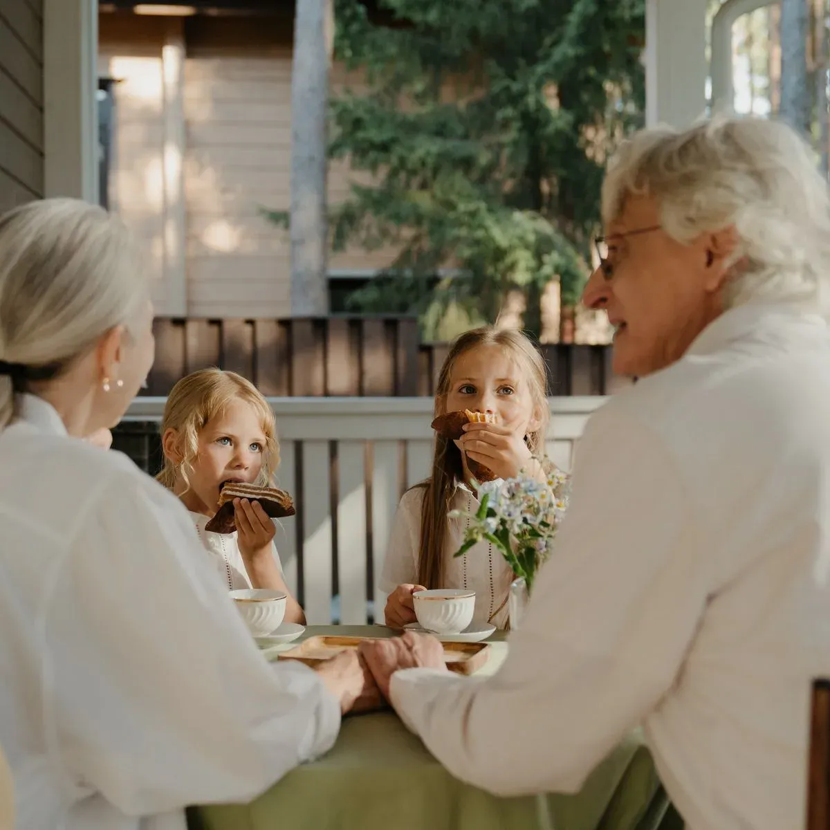 Grandparents sharing a meal outdoors with grandchildren